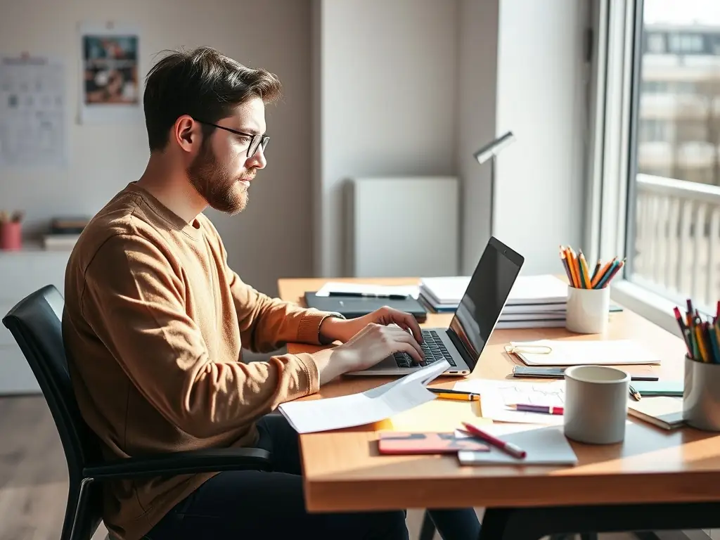 A person writing engaging content on a laptop, surrounded by creative tools and resources, symbolizing high-quality content creation.